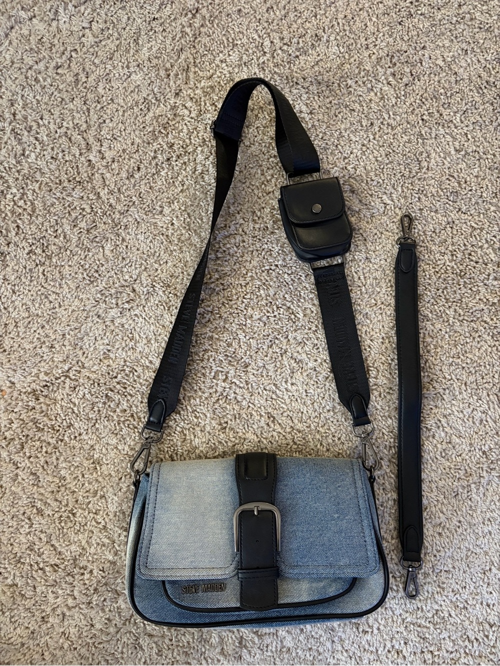 Steve Madden Denim Messenger Bag with Black Trim and Strap